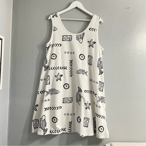 Vintage BaBa 100% Cotton Fish Starfish Novelty Print Sleeveless Midi Dress XL - Picture 2 of 8